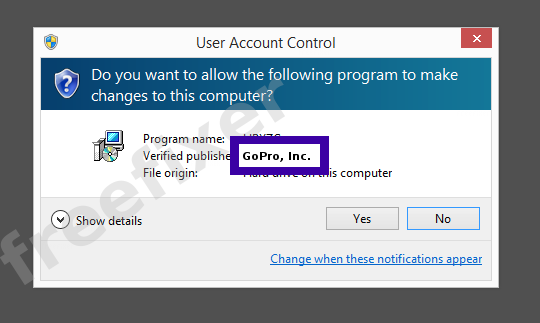 Screenshot where GoPro, Inc. appears as the verified publisher in the UAC dialog